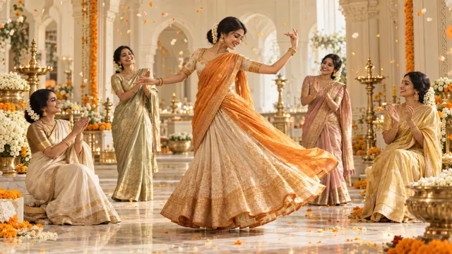 Artistic impression of devotional dancers in a warm gold setting