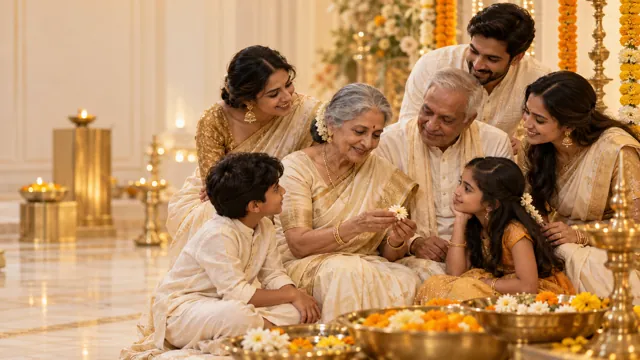Artistic impression of grandparents, parents and children sharing a devotional celebration