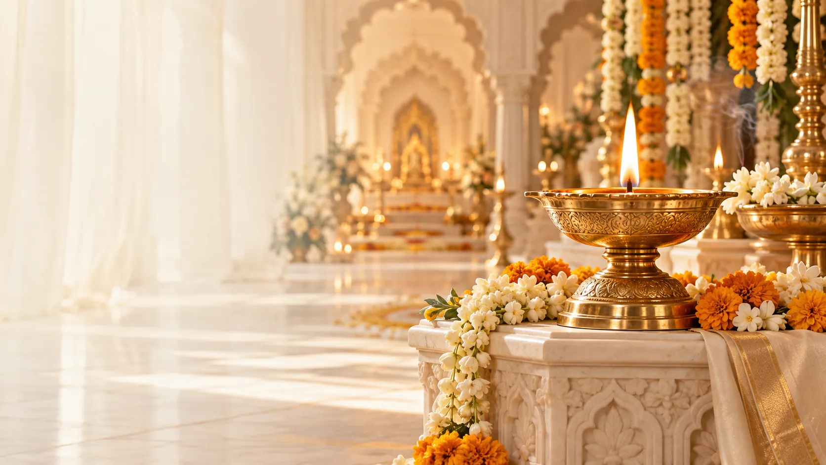 An artistic vision of a brass Akhand Jyot glowing beside marigolds in a sunlit sanctum