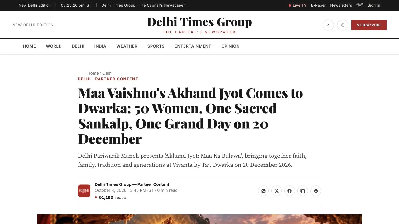 Desktop screenshot of the Delhi Times Group article about Akhand Jyot